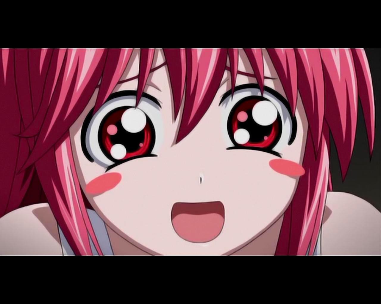 Close-up of Lucy from Elfen Lied with wide, sparkling eyes and pink hair, expressing excitement or joy in anime style.