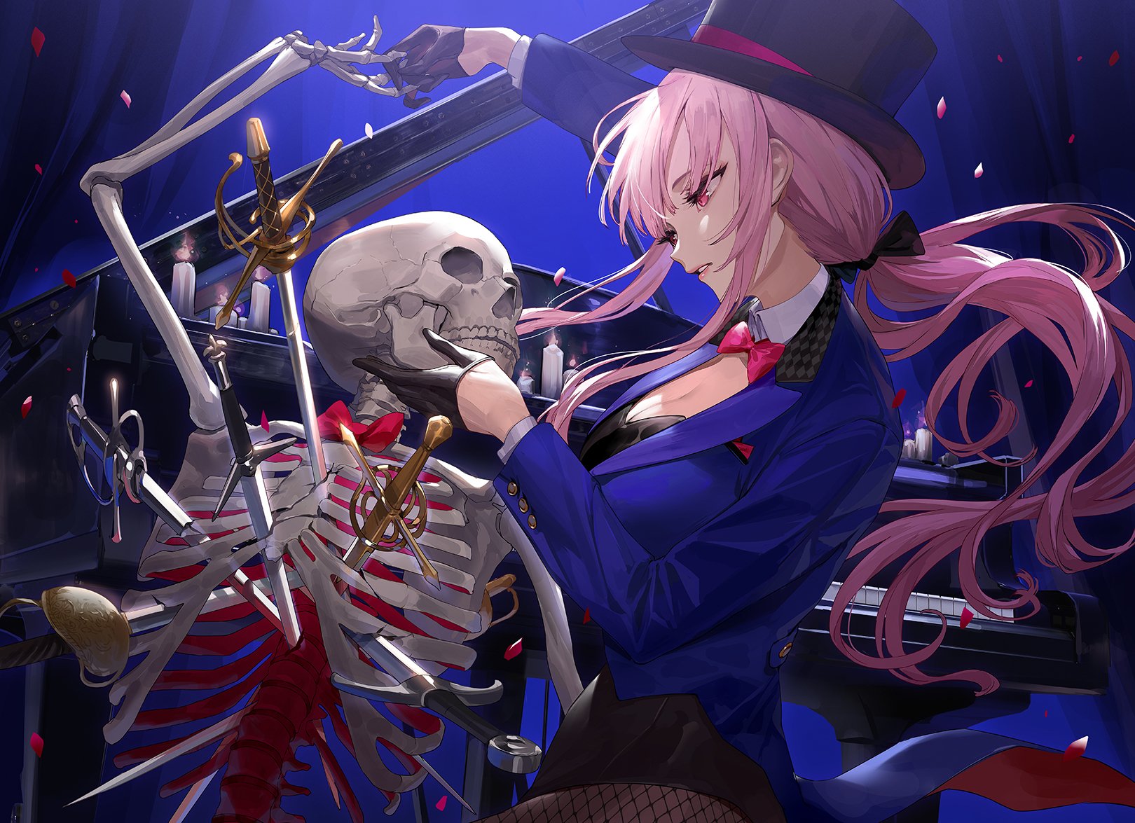 hololive's Mori Calliope, a pink-haired anime Virtual YouTuber in a magician-style outfit, leans toward a skeleton musician on a dramatic blue-lit stage.
