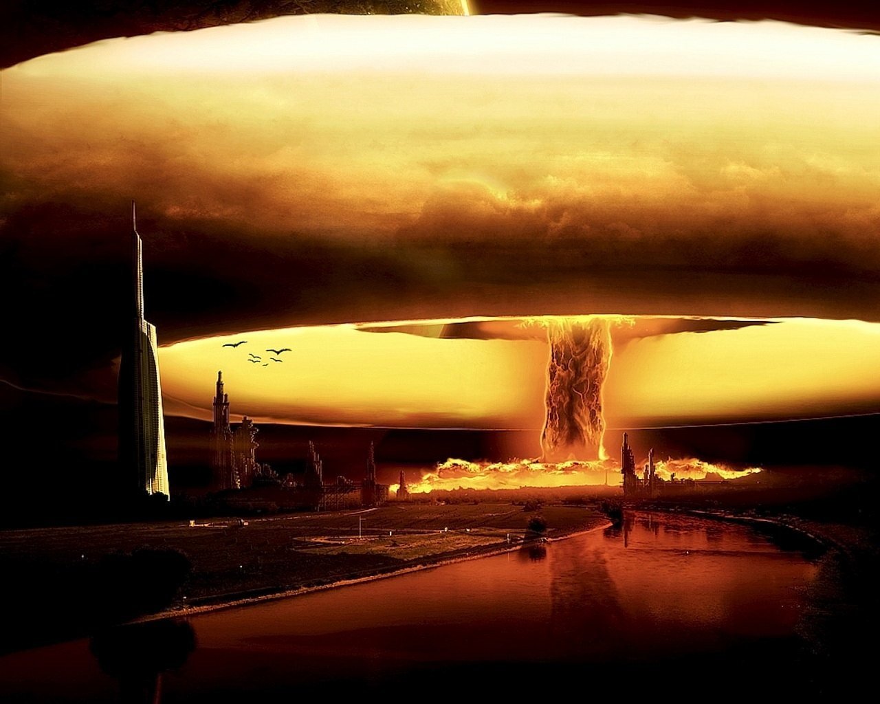 A dramatic explosion fills the sky, showcasing military power, with a fiery mushroom cloud rising above a scorched landscape, reflecting destruction and chaos.