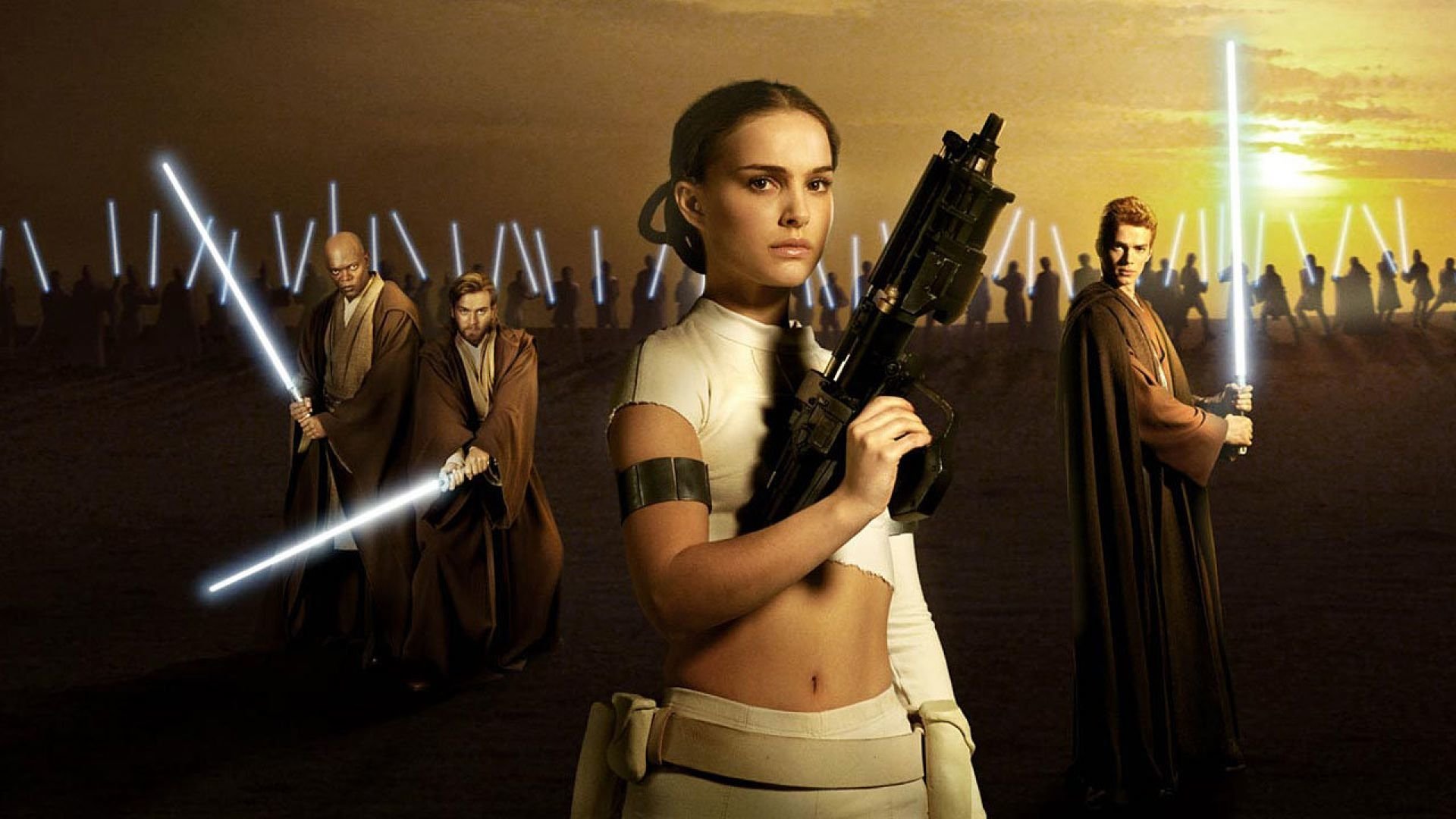 Padmé Amidala, portrayed by Natalie Portman, stands confidently in the foreground with a blaster, while Jedi prepare for battle in the background, inspired by *Star Wars Episode II: Attack of the Clones*.