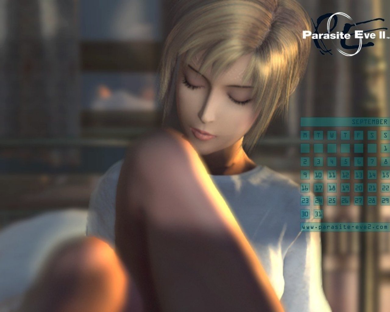 Screenshot from the video game Parasite Eve featuring a close-up of a blonde female character with eyes closed in a softly lit room.