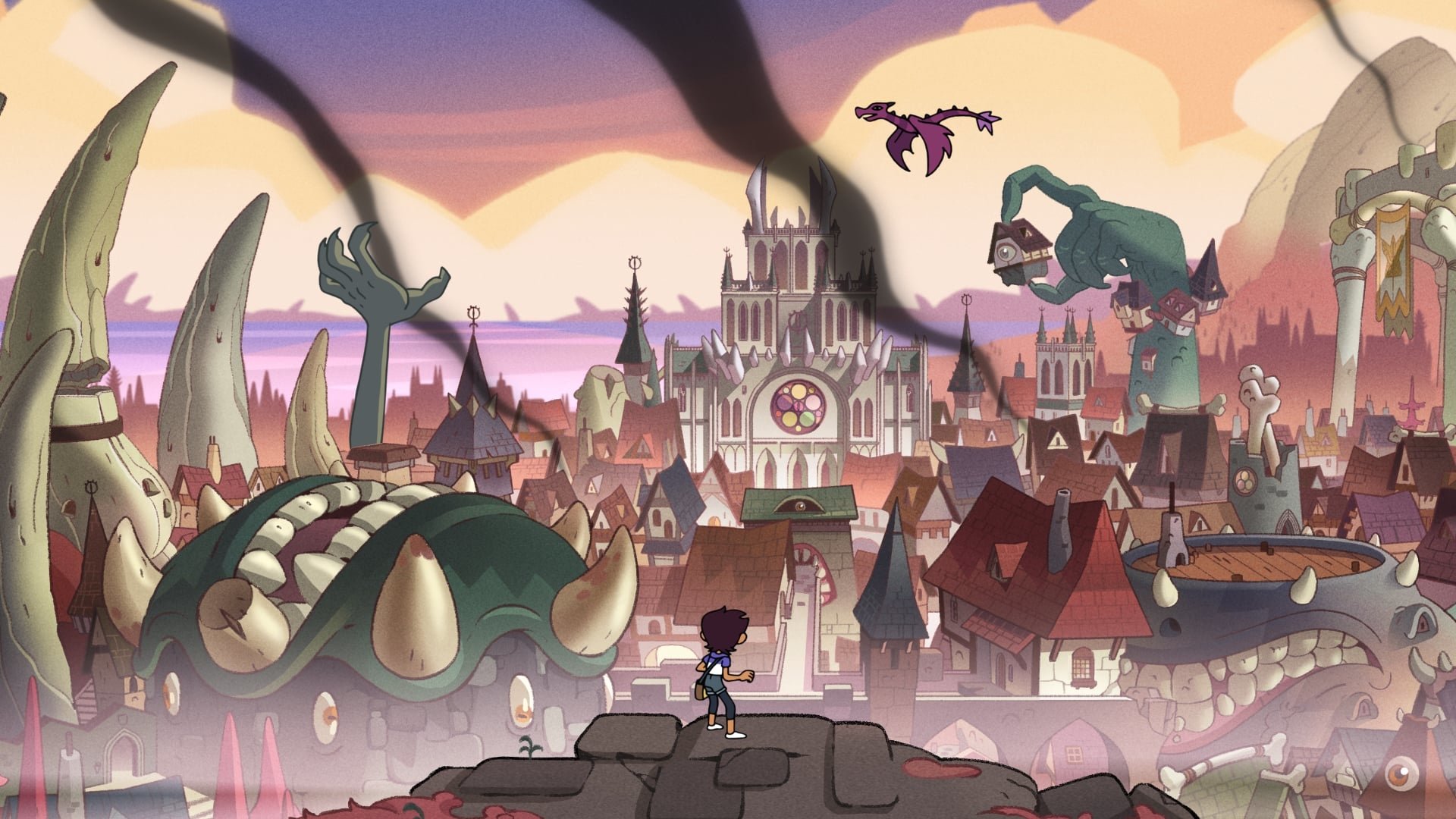 Luz Noceda from the TV show The Owl House stands on a cliff overlooking Bonesborough, a ruined city of skull-like bones, dragon skeletons and flying creatures beneath a glowing sunset.