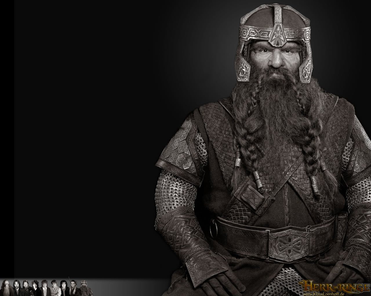 A detailed portrayal of Gimli, the dwarf warrior from the movie The Lord of the Rings: The Fellowship of the Ring, wearing chainmail and a helmet with braided beard.