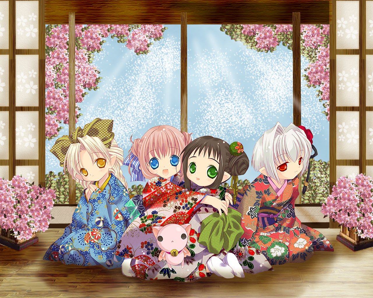 Anime-style Bottle Fairy characters in colorful kimonos sit together inside a traditional Japanese room adorned with cherry blossoms and shoji screens.