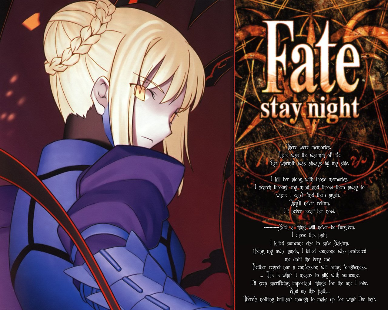 Saber Alter from the anime Fate/Stay Night stands with a serious expression, wearing dark armor and a braided hairstyle against a fiery background.