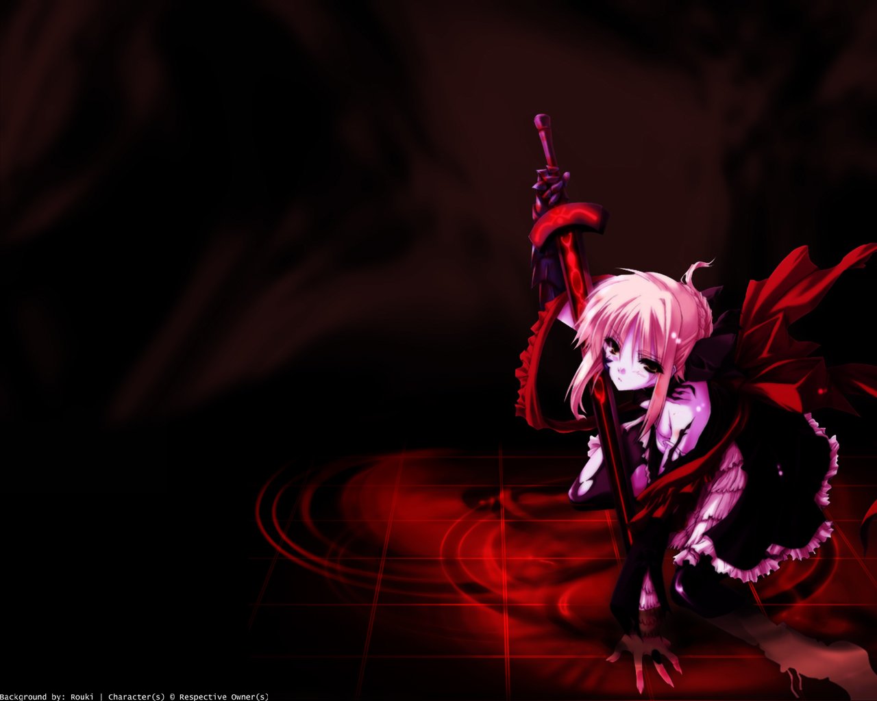 Saber Alter (Fate/Stay Night) crouched in a dark red void, gripping a crimson sword, anime-style in black armor with a tattered red cloak.