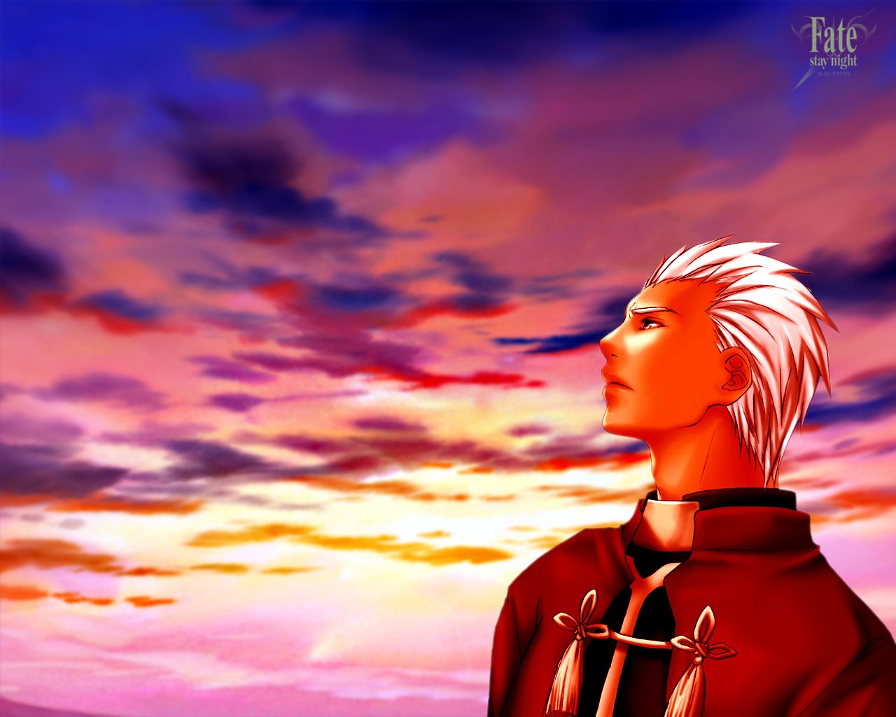 Archer (Fate/Stay Night), anime character with white hair and a red cloak, gazes contemplatively toward a vivid, colorful sunset sky.
