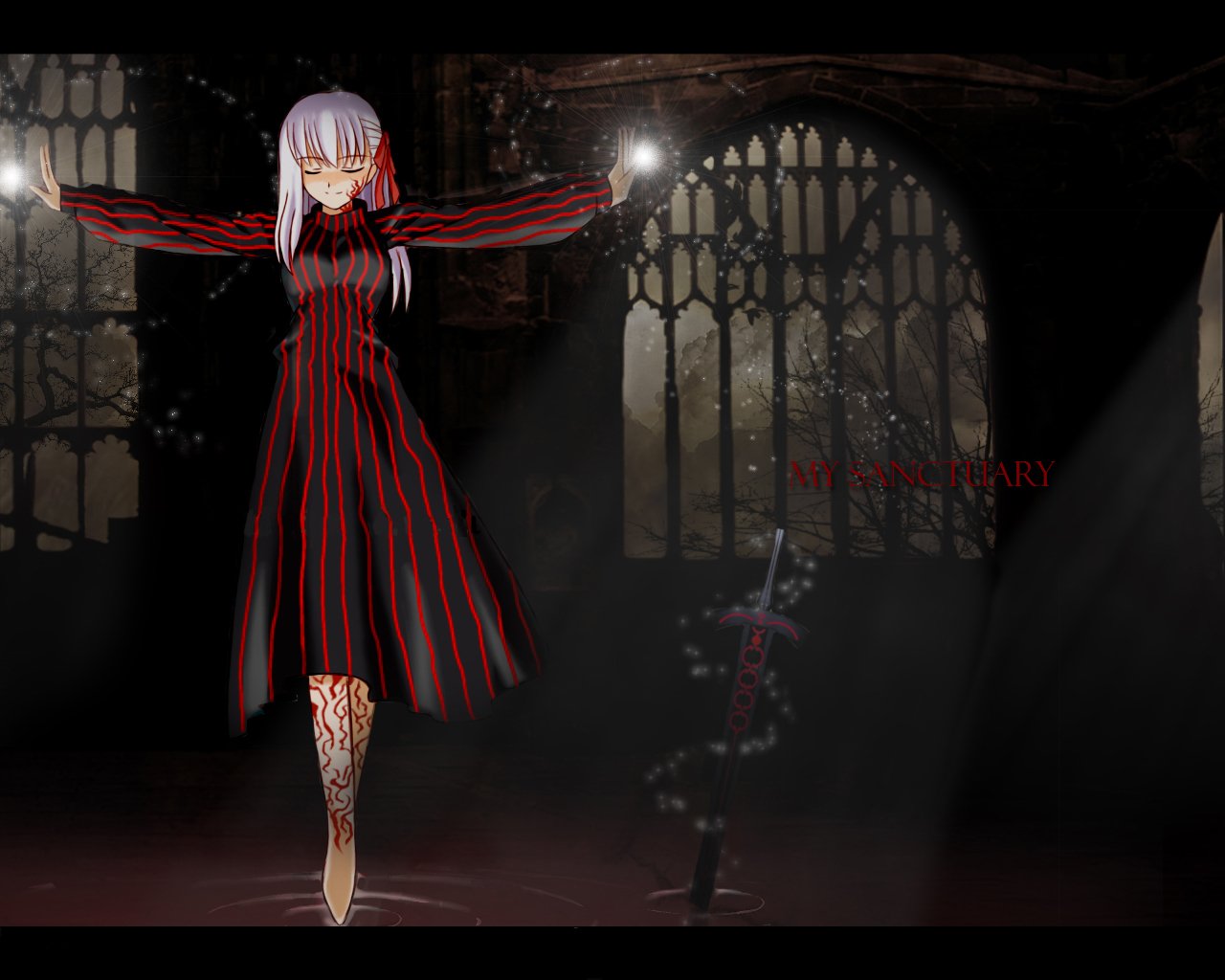 Sakura Matou from Fate/Stay Night stands in a dark, gothic room with stained glass windows, wearing a red and black striped dress, with glowing patterns on her leg.