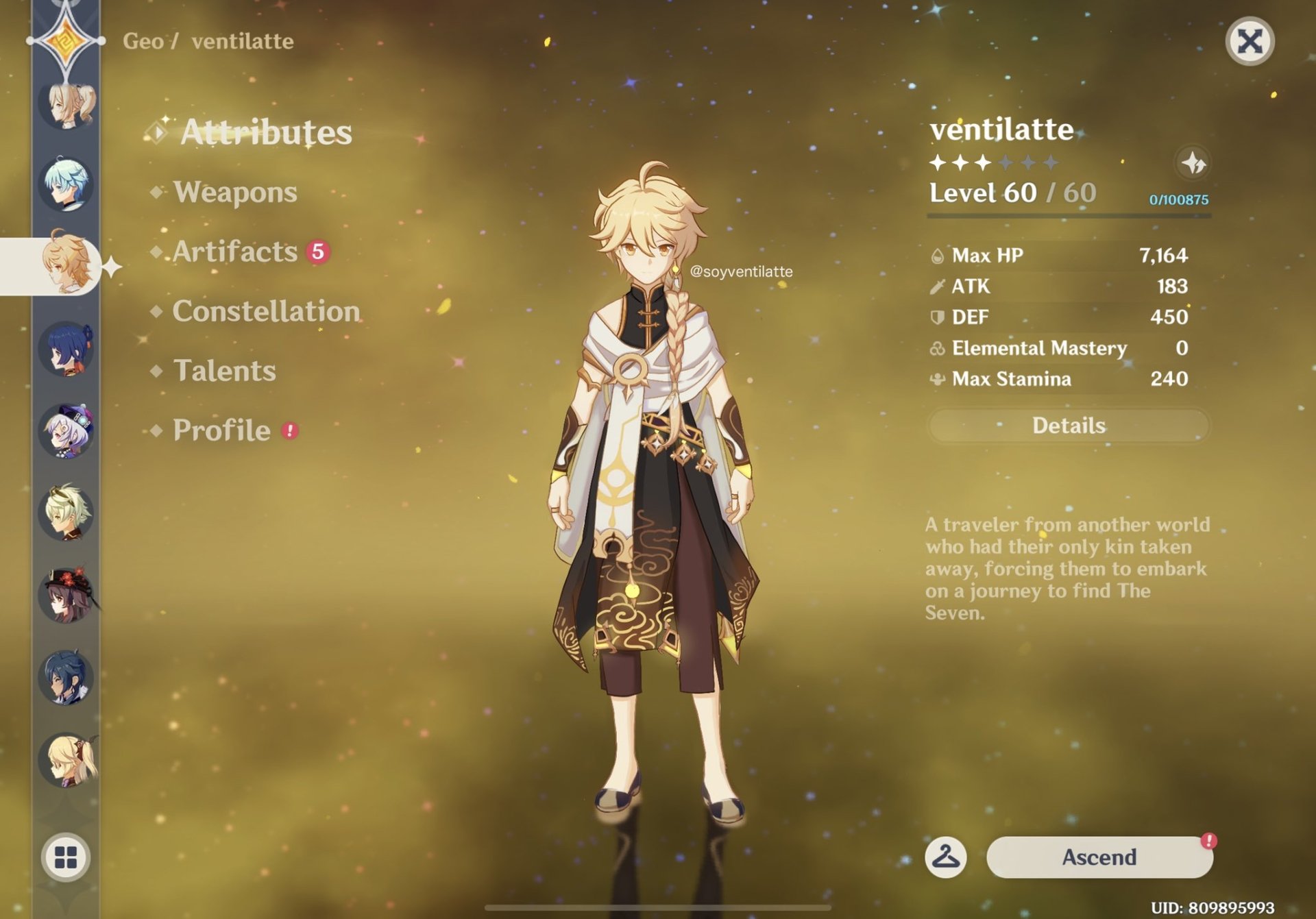 Video game Genshin Impact character screen showing Aether (Geo Traveler) at level 60 with Geo stats, artifacts, weapon slot and talent/constellation menus visible.