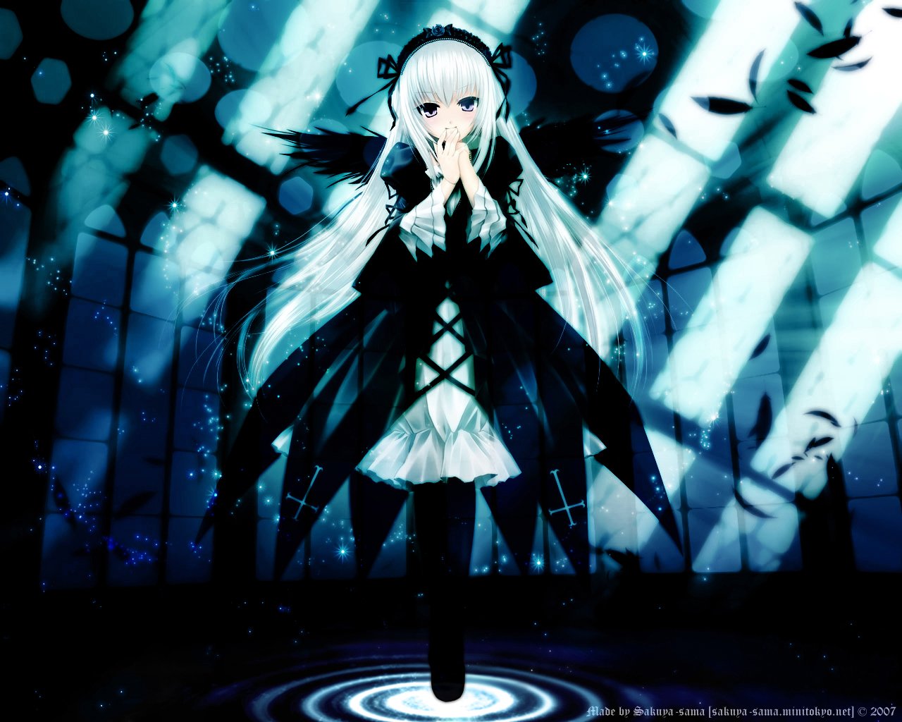 Anime-style image of a Rozen Maiden character with long white hair and a black gothic dress, set against a dark, ethereal forest background with glowing light effects.