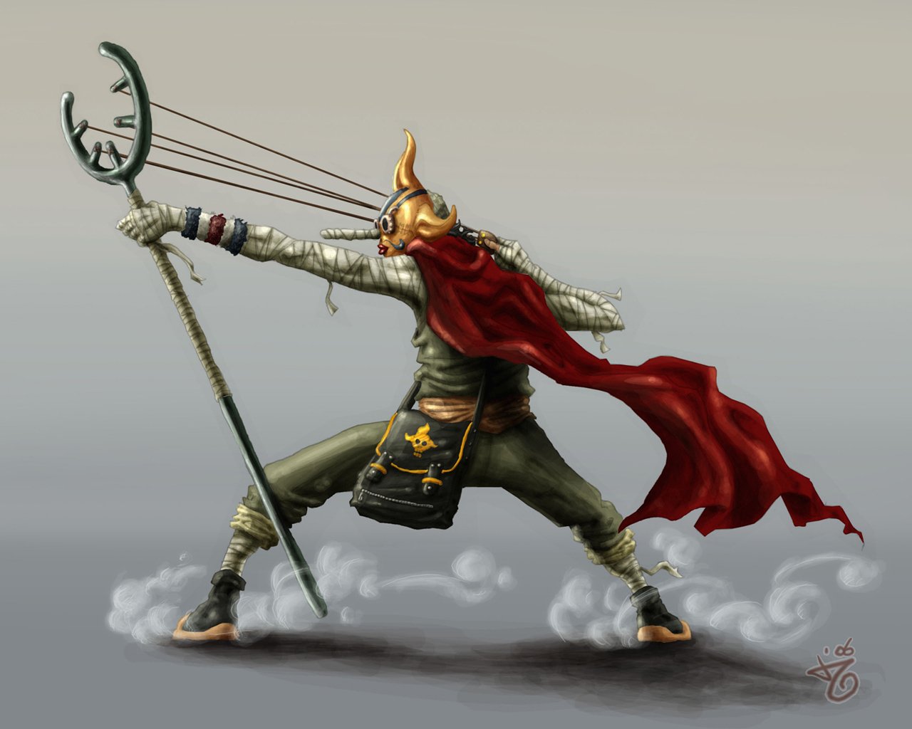 Illustration of Usopp from One Piece anime, poised in a dynamic stance with his slingshot drawn, wearing a distinctive helmet and flowing red cape.