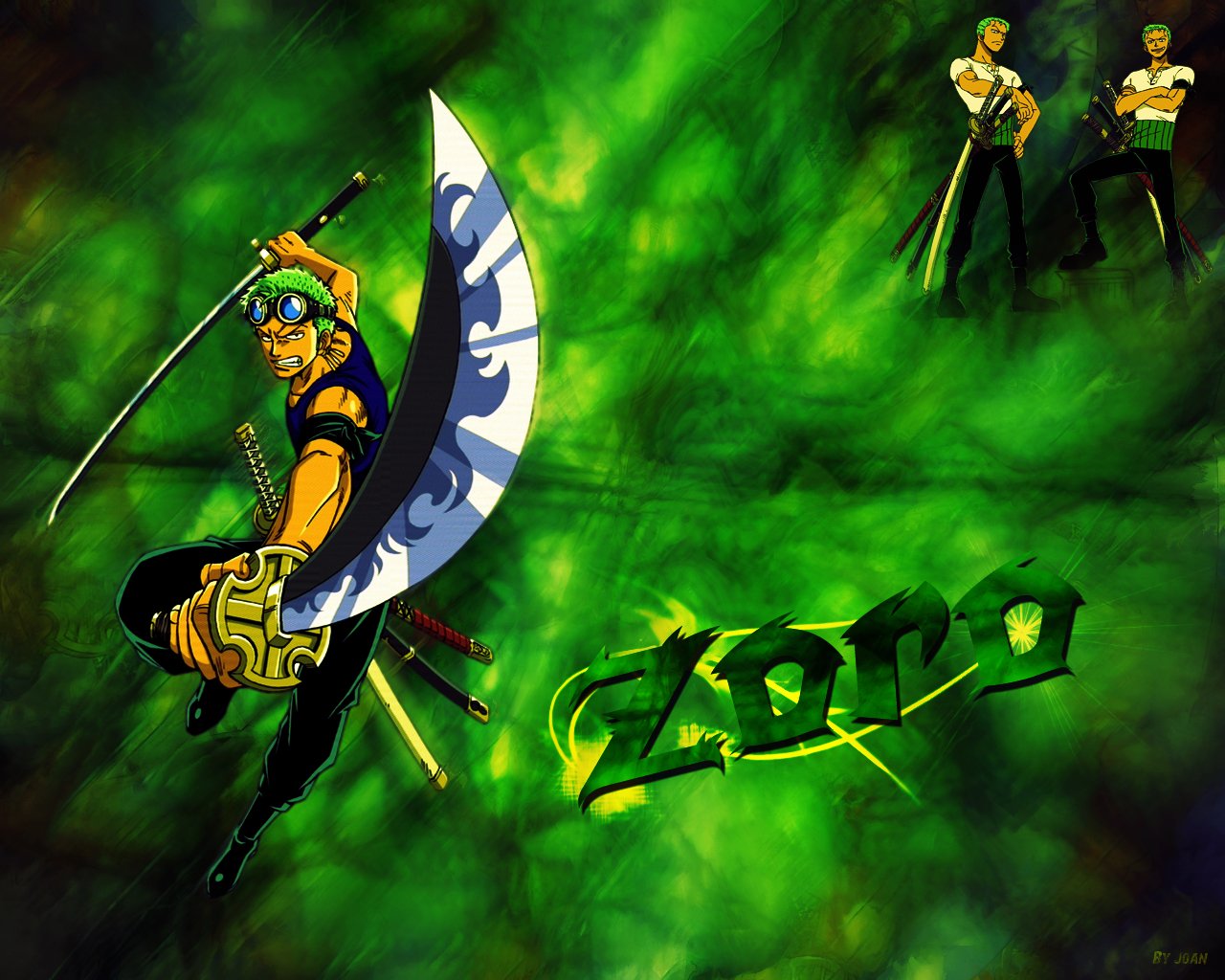 An anime-inspired image featuring Zoro from One Piece, brandishing a large sword with a dynamic pose, set against a vibrant green background.