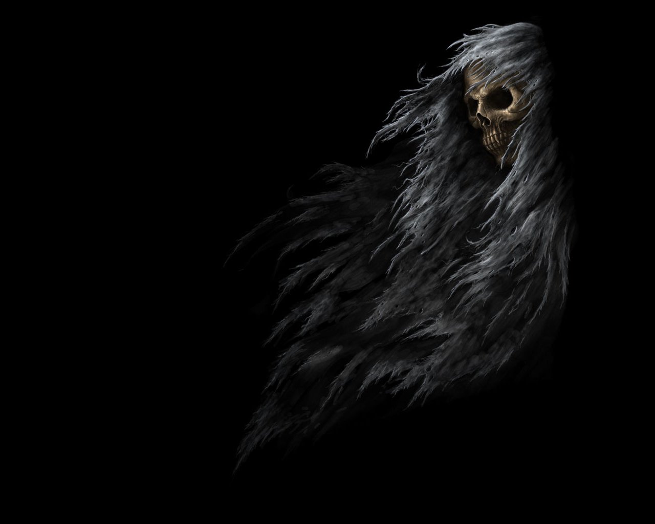 A haunting dark image featuring a skull shrouded in flowing, tattered black fabric, evoking a sense of mystery and dread.