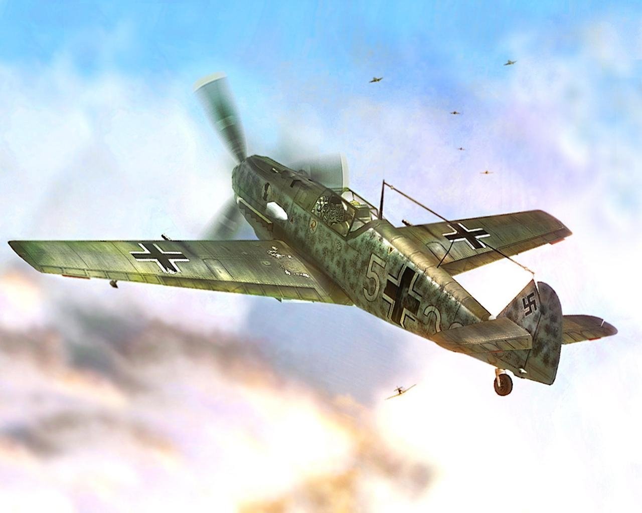 Messerschmitt Bf 109 fighter in Luftwaffe camouflage banking over clouds, with other fighters visible on the horizon in a military aerial scene.