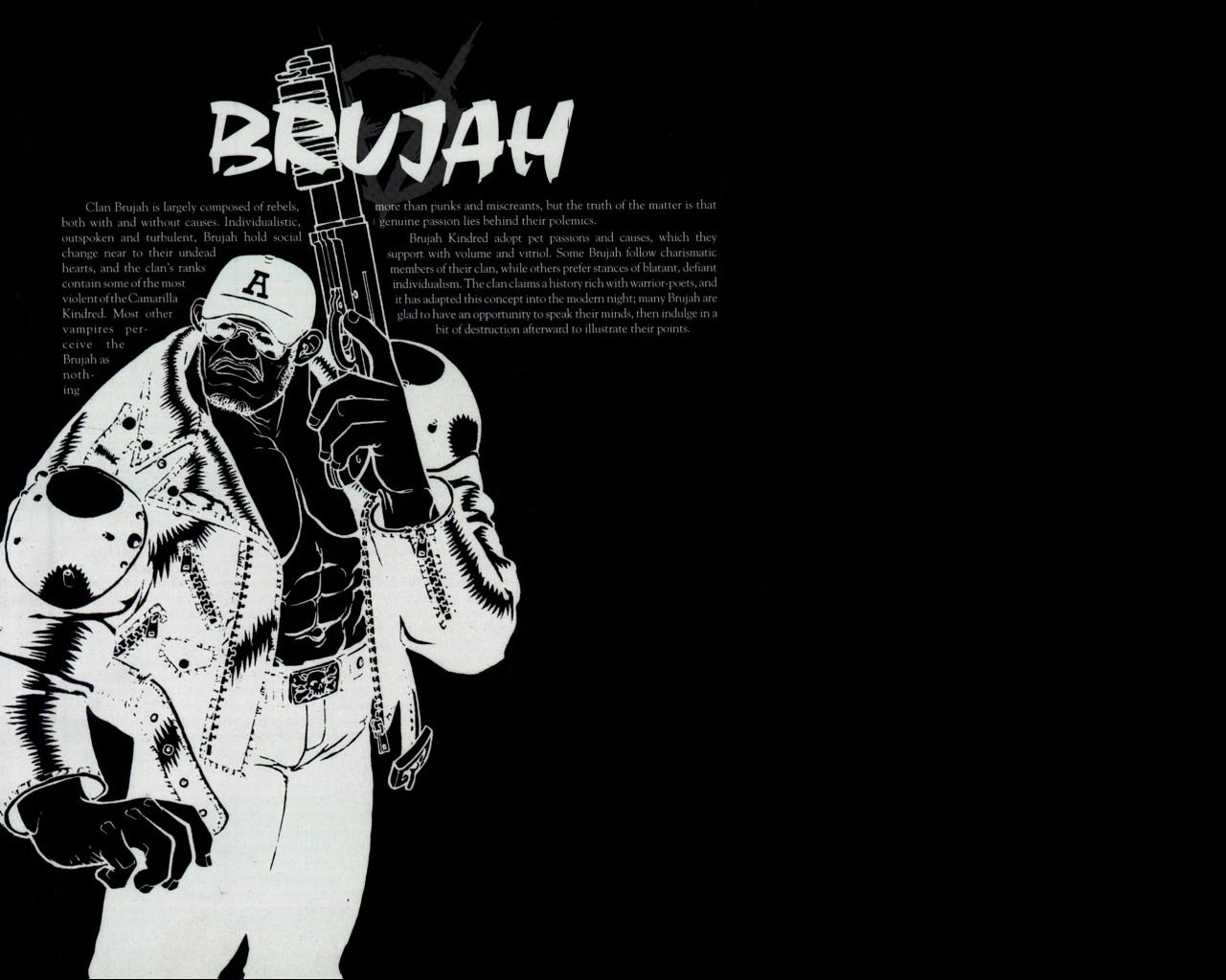 Black and white illustration of a character named Brujah from the video game Vampire: The Masquerade, holding a large weapon with detailed text in the background.