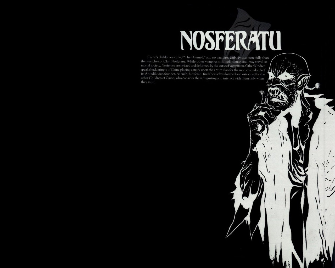 Black-and-white Vampire: The Masquerade video game art titled Nosferatu showing a gaunt, shadowy vampire in a tattered coat at the right against a black background.