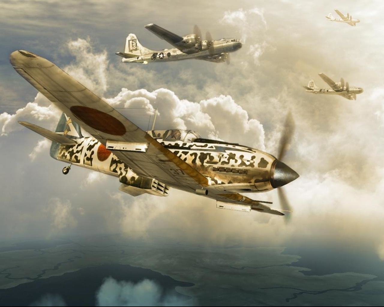 Military aircraft formation over clouds: camouflaged WWII fighter with red roundel escorting several four-engine bombers at altitude.