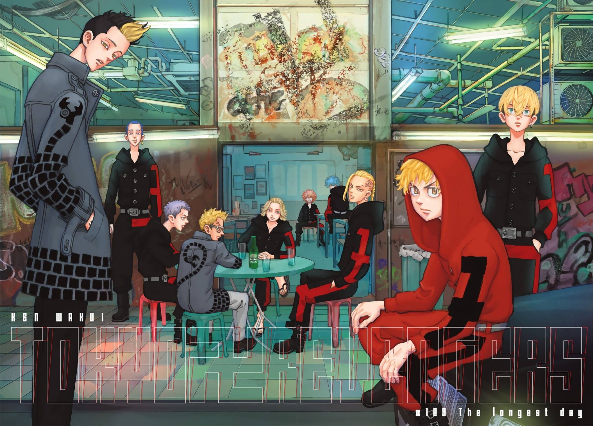 Tokyo Revengers anime: Mikey (Manjiro Sano), Ken Ryuguji, Chifuyu Matsuno, Takemichi Hanagaki and teammates gathered in a neon-lit diner.