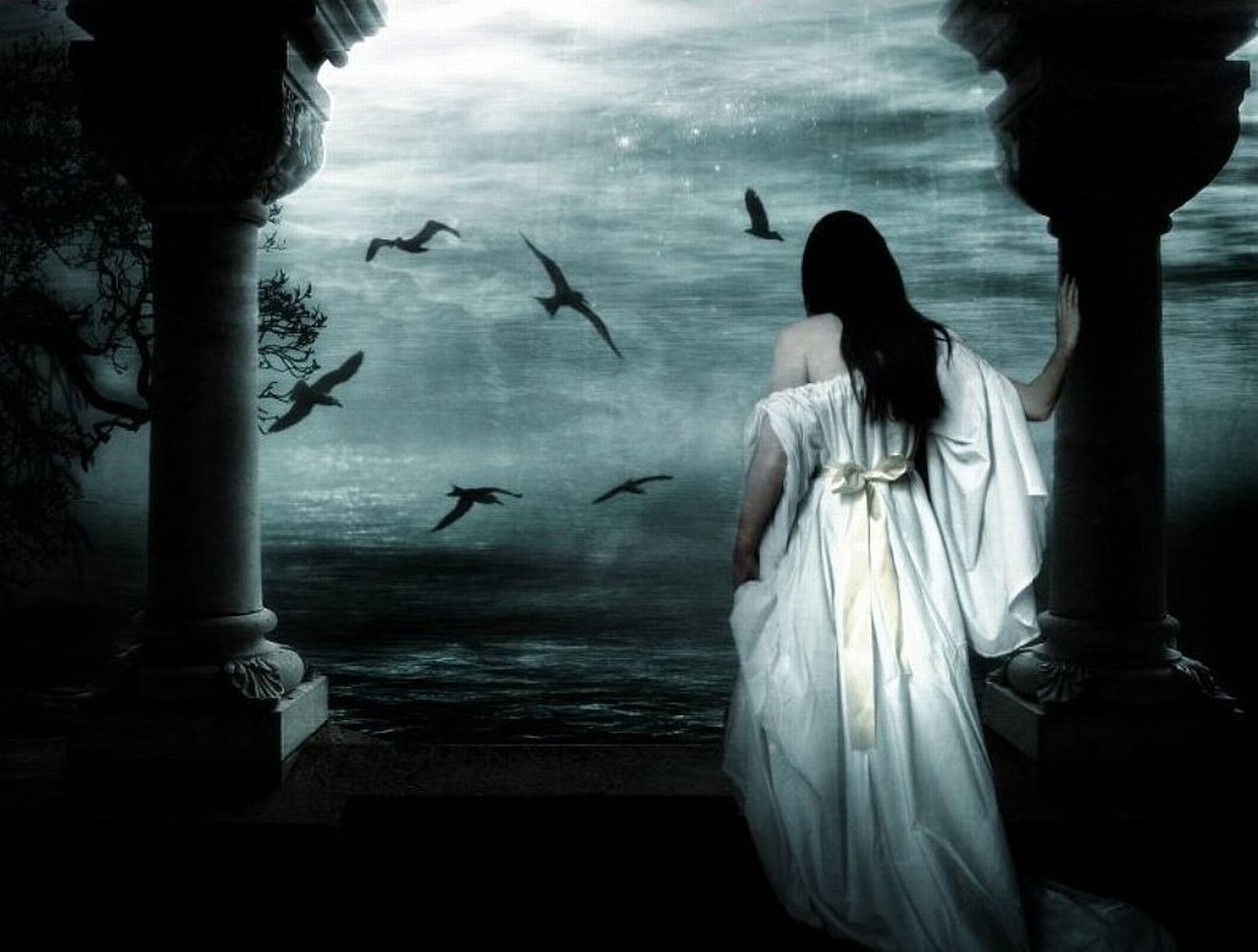 A figure in a flowing white dress stands by ancient pillars, gazing at a dark, gothic landscape with swirling mist and birds in flight, evoking a hauntingly beautiful atmosphere.