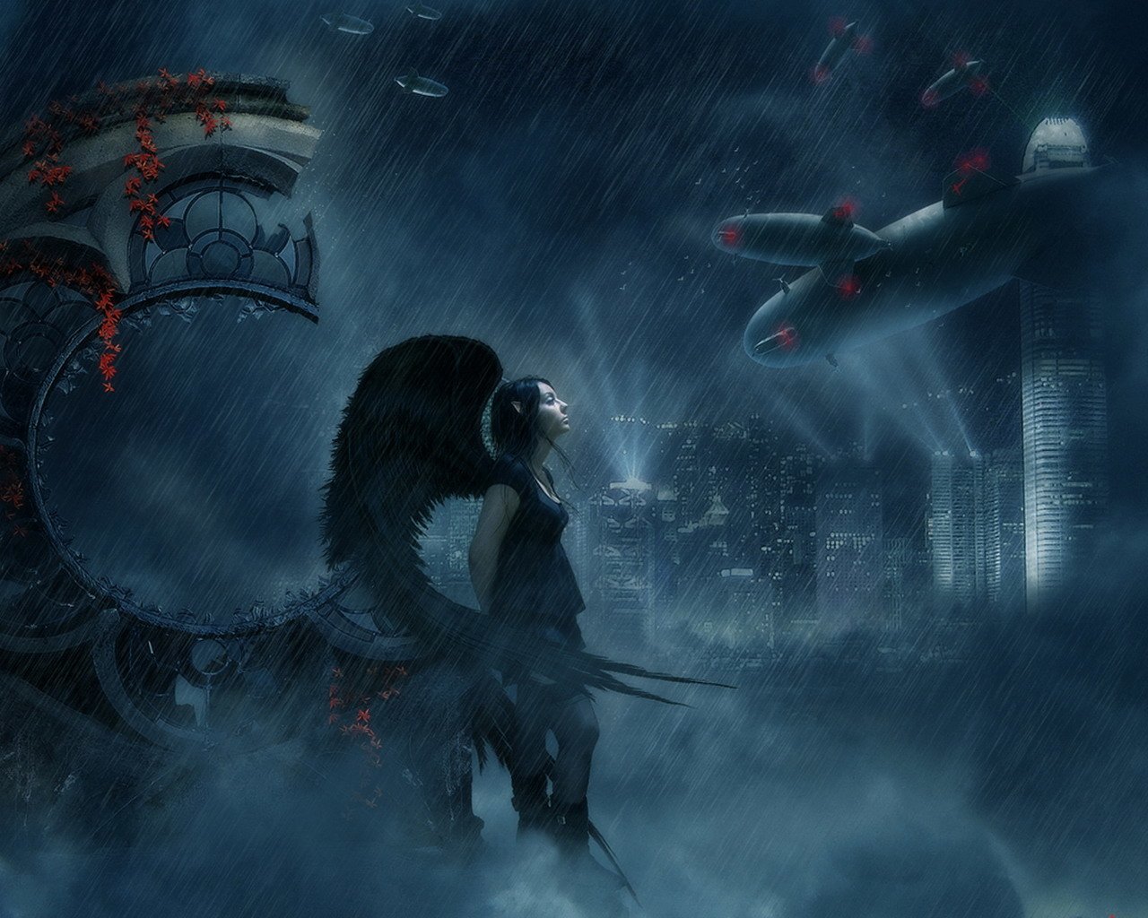 A dark, atmospheric fantasy scene featuring an angelic figure with large wings, set against a rain-soaked city skyline and futuristic aircraft amid swirling clouds.