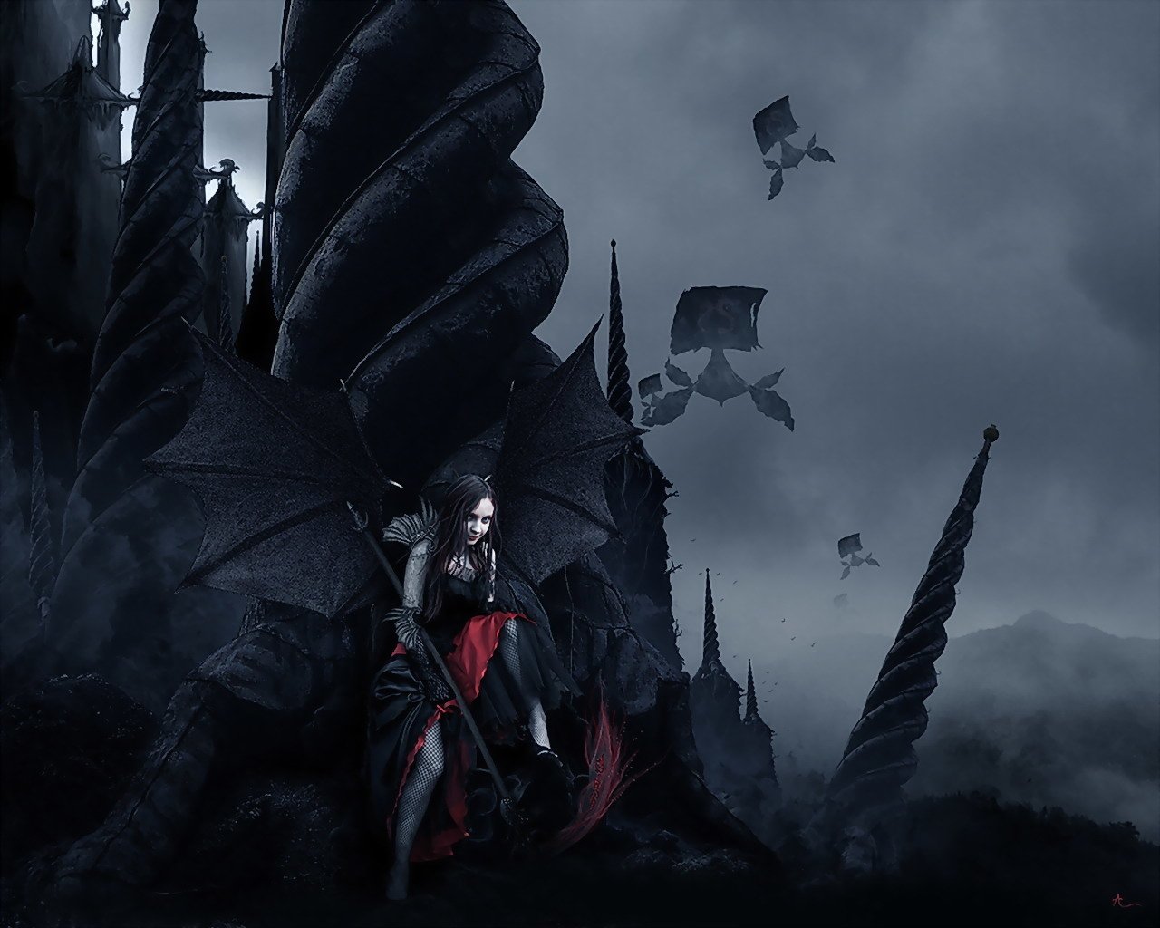 A dark angel with large wings stands amidst twisted spires, shrouded in mist and shadows, exuding an aura of mystery and power in a gloomy landscape.