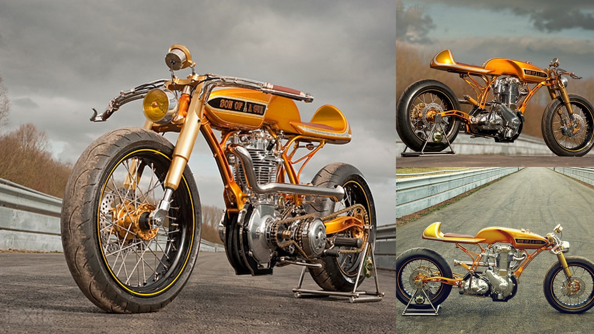 Sleek golden custom motorcycle vehicle with exposed chrome engine and slim cafe-racer frame; composite of three views (front, side, rear) photographed on pavement under cloudy sky.