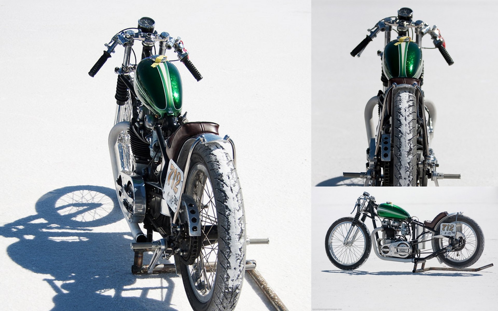 A green and silver motorcycle vehicle is shown from three angles against a plain white background.
