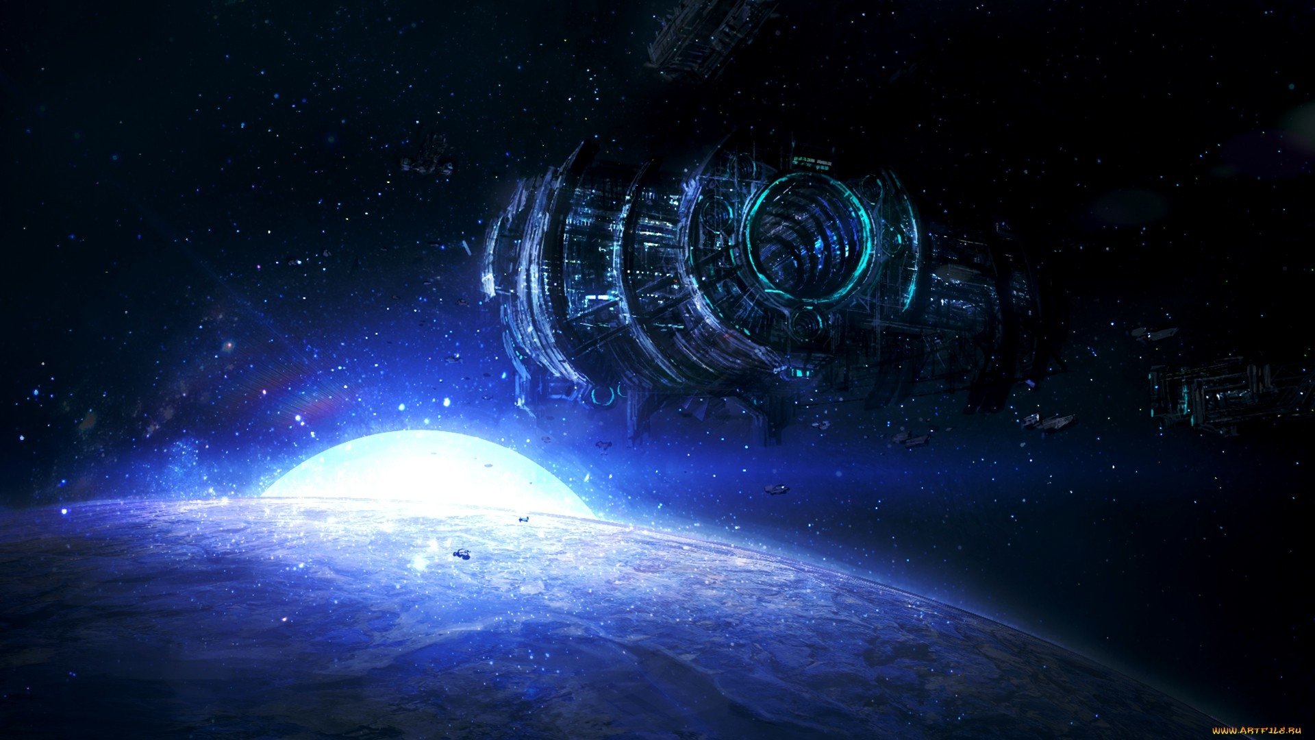 A detailed sci-fi spaceship hovers above a planet with a glowing horizon, set against a star-filled deep space backdrop.