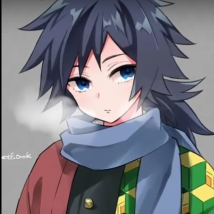 Anime portrait of Giyuu Tomioka from Demon Slayer: Kimetsu no Yaiba — blue-eyed, dark spiky hair, pale blue scarf and green-yellow patterned haori, calm expression.