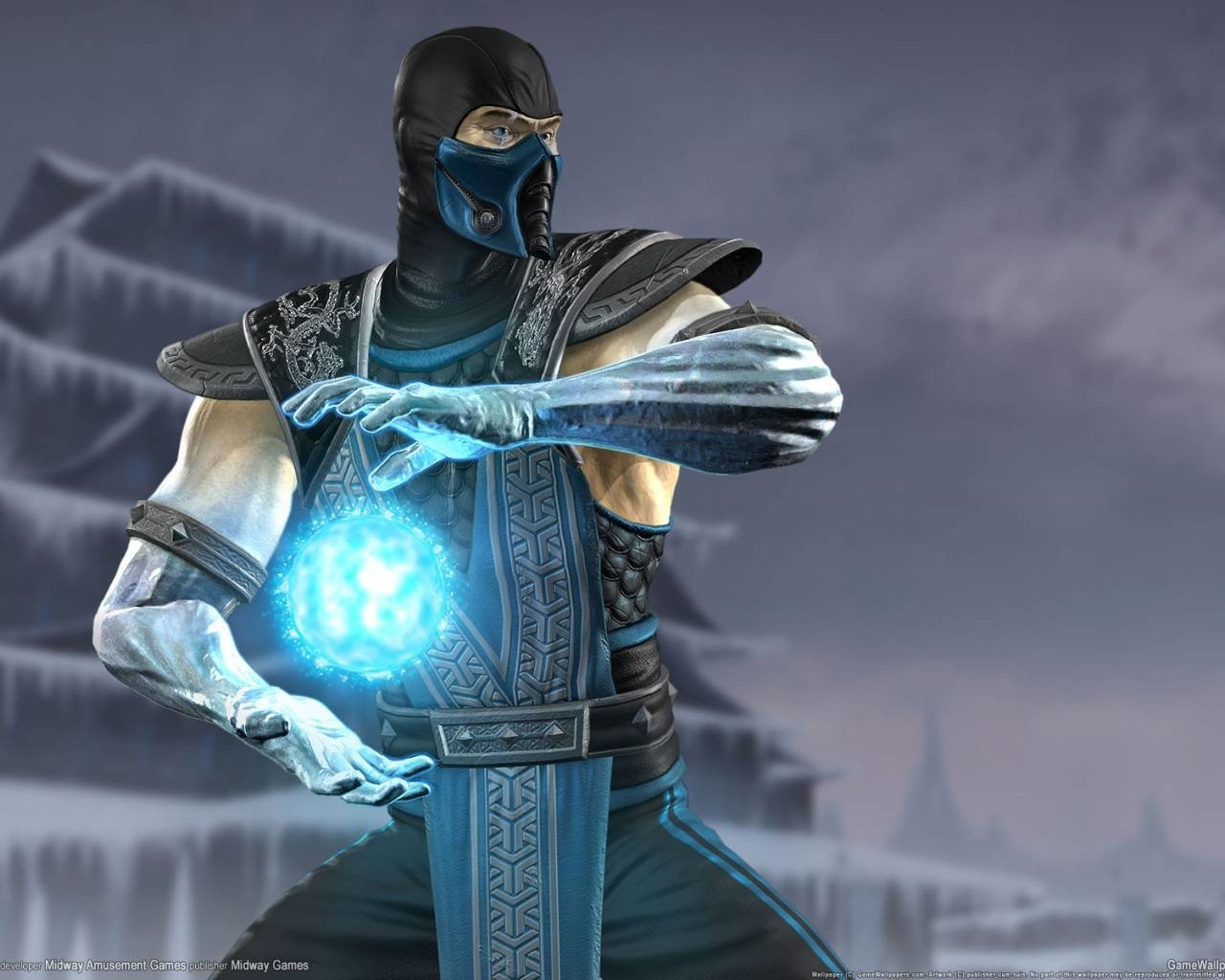 Sub-Zero, a popular character from the Mortal Kombat video game series, is depicted summoning a freezing energy ball, set against a snowy landscape.