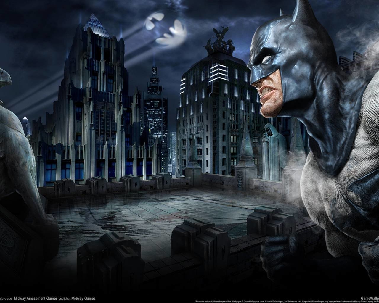 A detailed scene from a Batman video game showing Batman on a rooftop at night with the Bat-Signal shining over a city skyline.