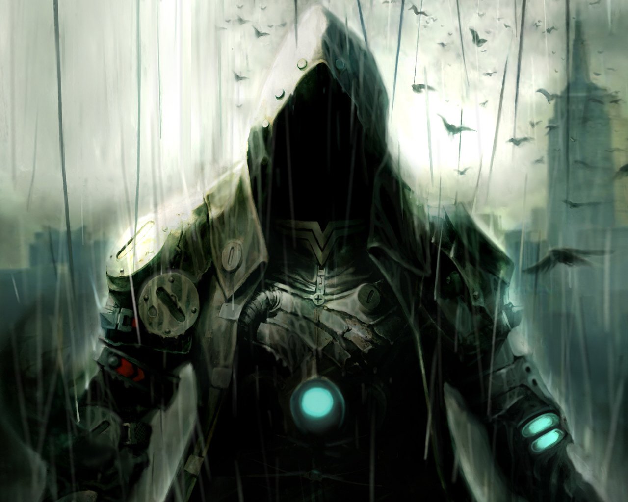 A cloaked figure stands in the rain, exuding a mystical aura. This fantasy scene features a man in ornate armor, illuminated by a glowing blue element amidst a dark, atmospheric backdrop.
