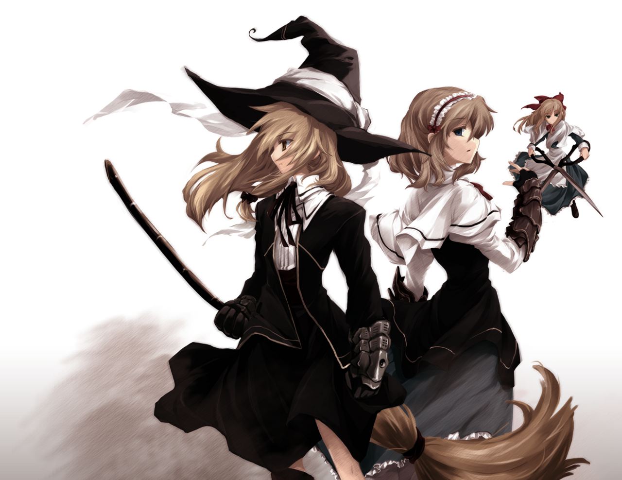 Alice Margatroid and Marisa Kirisame from Touhou, depicted in anime style with Marisa as a witch and Alice as a shrine maiden.