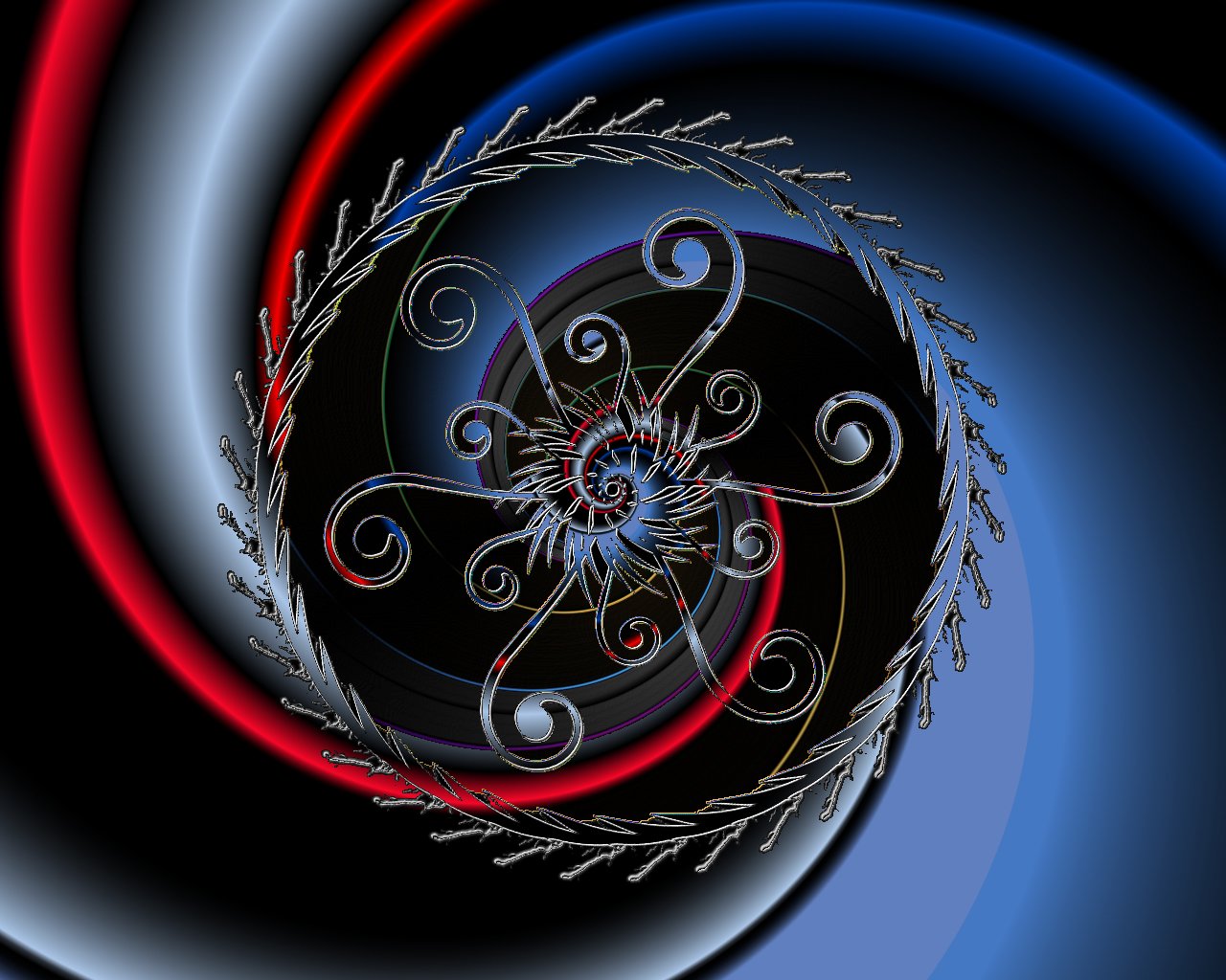 A vibrant, abstract fractal design features swirling patterns in rich colors of blue, red, and black, with intricate spiral motifs adding depth and dynamism.