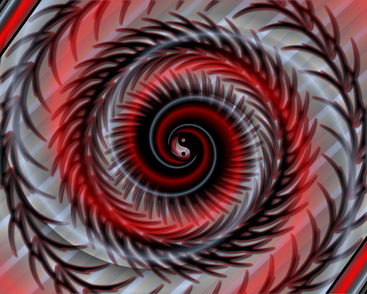 Abstract red and black spiral pattern with sharp, feather-like shapes radiating outward, creating a dynamic and intense visual effect.