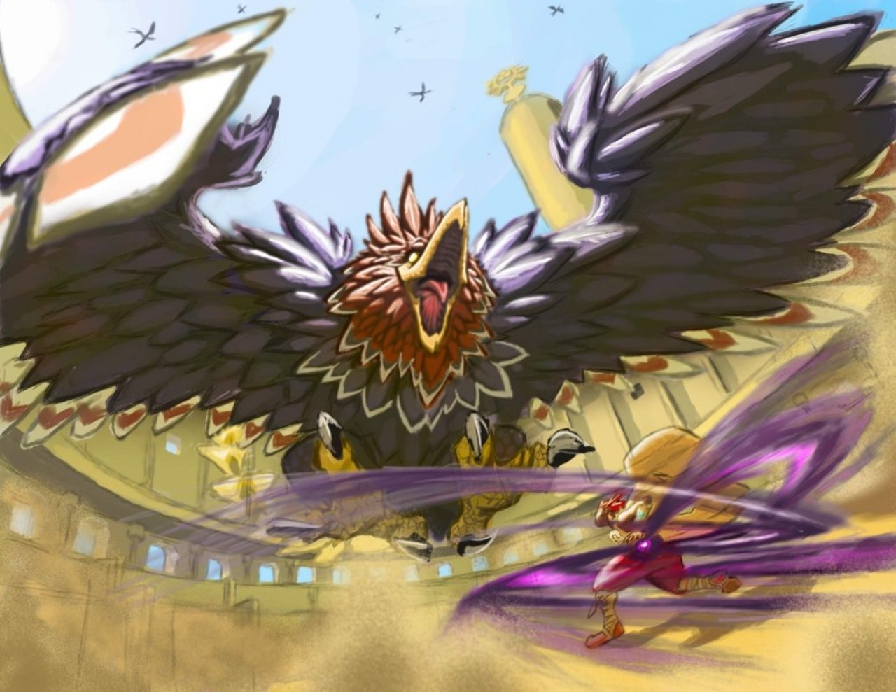 The Legend of Zelda: The Wind Waker — Link battles the colossal Helmaroc King in a sunlit arena, its wings spread wide as purple sword arcs and dust fly.