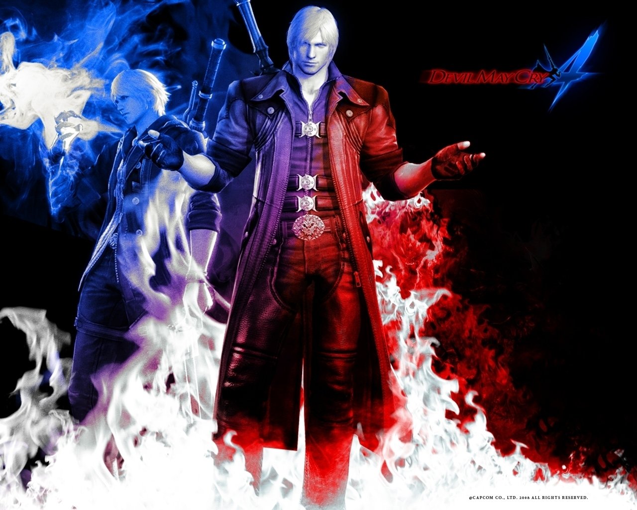 Dante from Devil May Cry 4 stands confidently, surrounded by swirling blue and red flames, showcasing his iconic red coat and powerful aura from the video game.