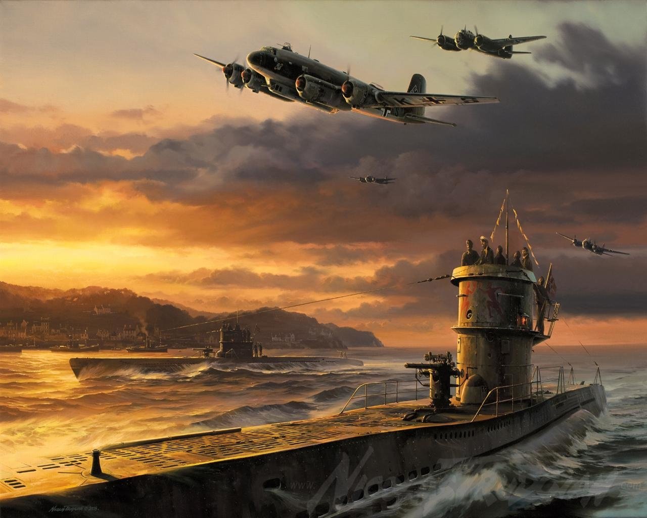 Military aircraft fly over submarines at sunset, creating a dramatic scene of naval and aerial power in a coastal setting.