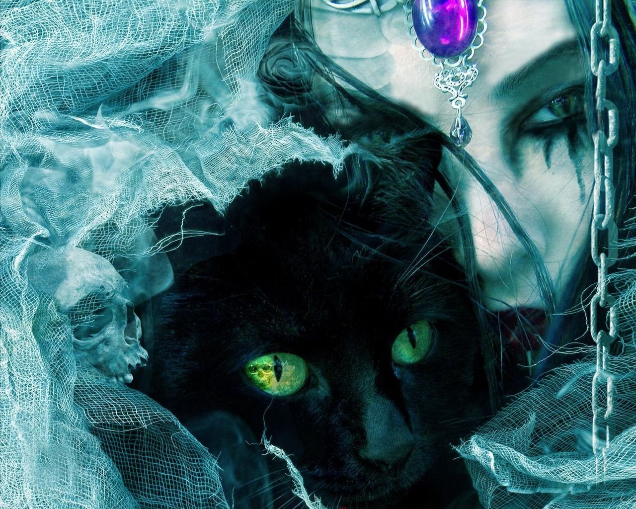 A mystical woman with striking green eyes gazes closely at her black cat, both enveloped in delicate, ethereal fabric, creating a captivating fantasy scene.