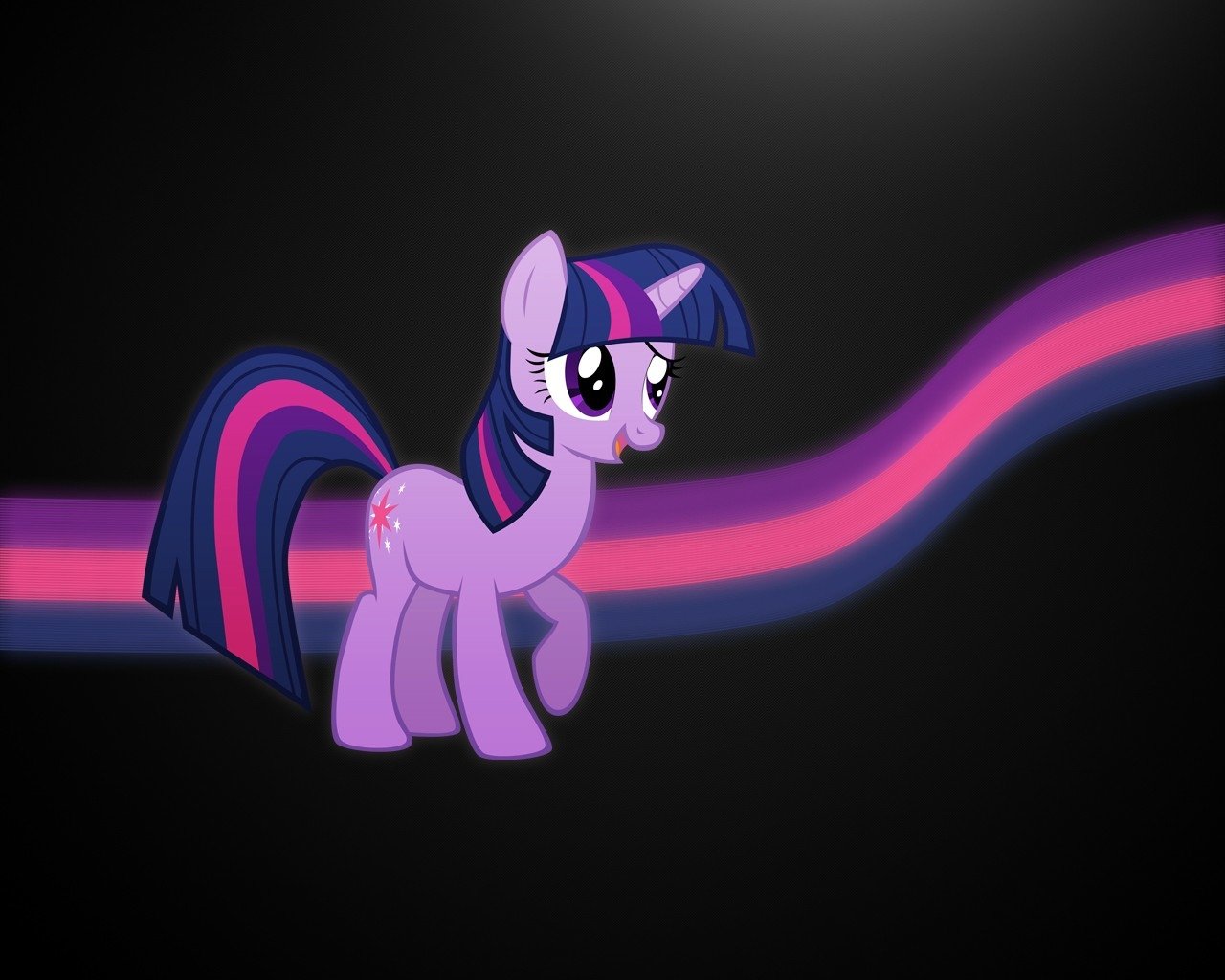 Twilight Sparkle from My Little Pony: Friendship Is Magic stands confidently against a dark background, showcasing her signature purple mane and bright, expressive eyes.