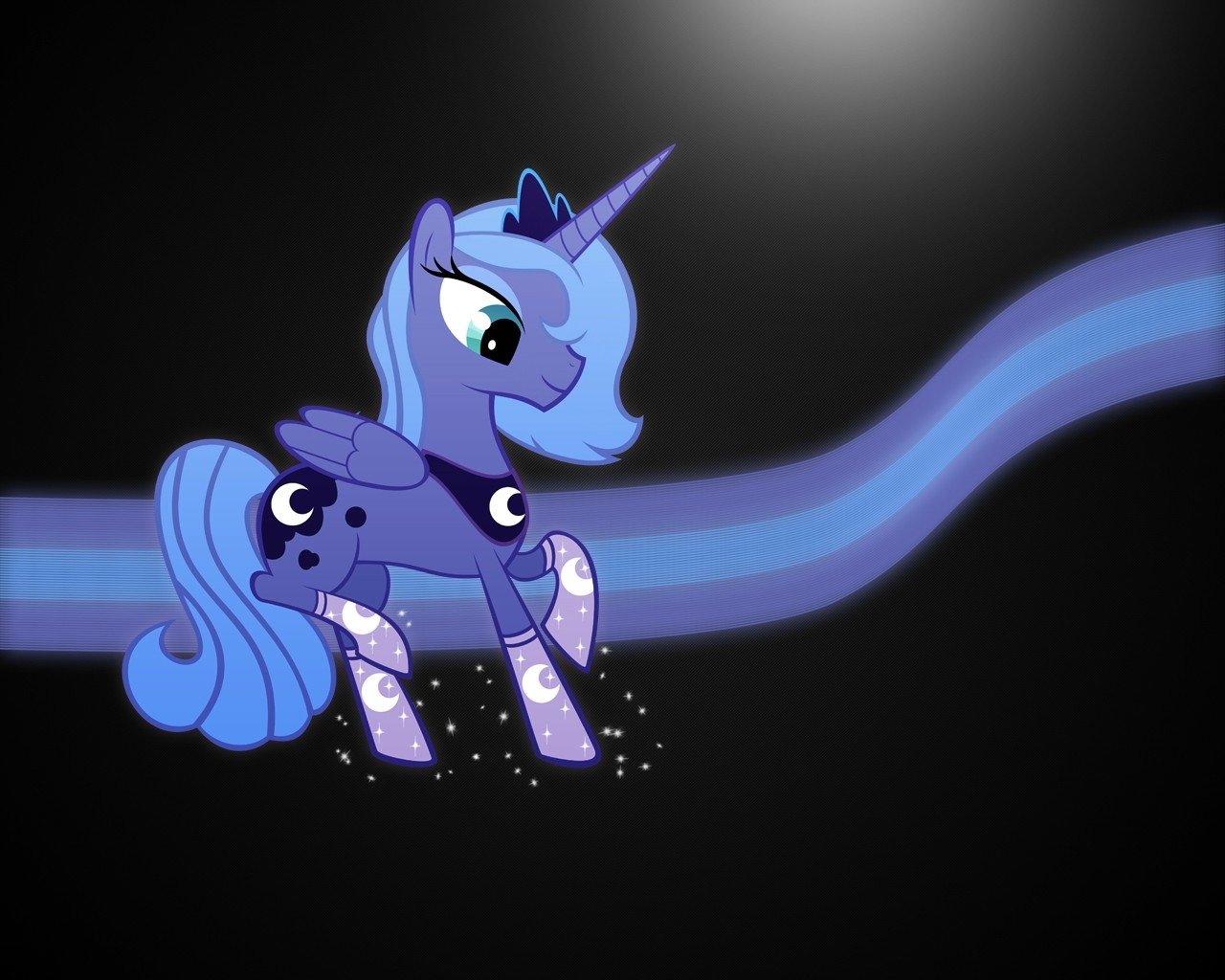 Princess Luna from *My Little Pony: Friendship Is Magic* is depicted in a playful pose against a dark background, with a flowing ribbon and sparkles surrounding her.