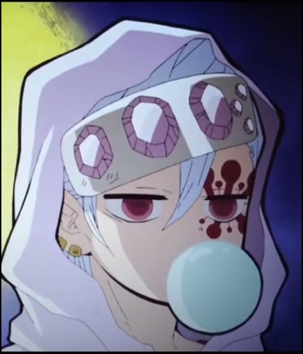 Close-up of Tengen Uzui from the anime Demon Slayer: Kimetsu no Yaiba, wearing a white hood and jeweled headband, with red facial markings and a pale blue bubble of gum.
