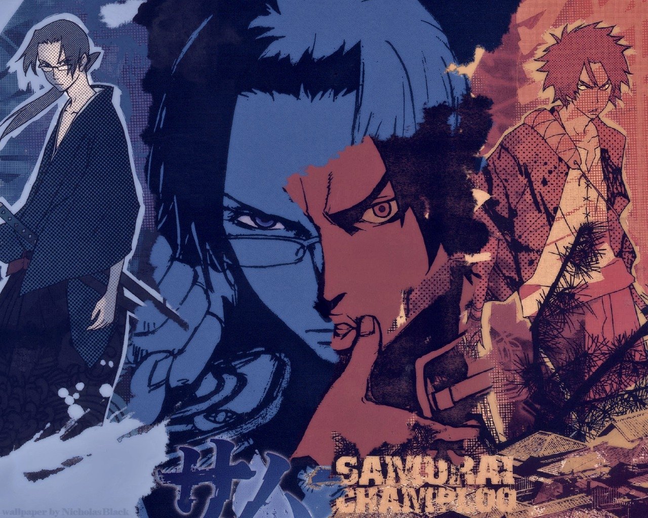 Anime-style artwork featuring three characters from Samurai Champloo, showcasing dynamic poses and intense expressions against a textured, layered background.