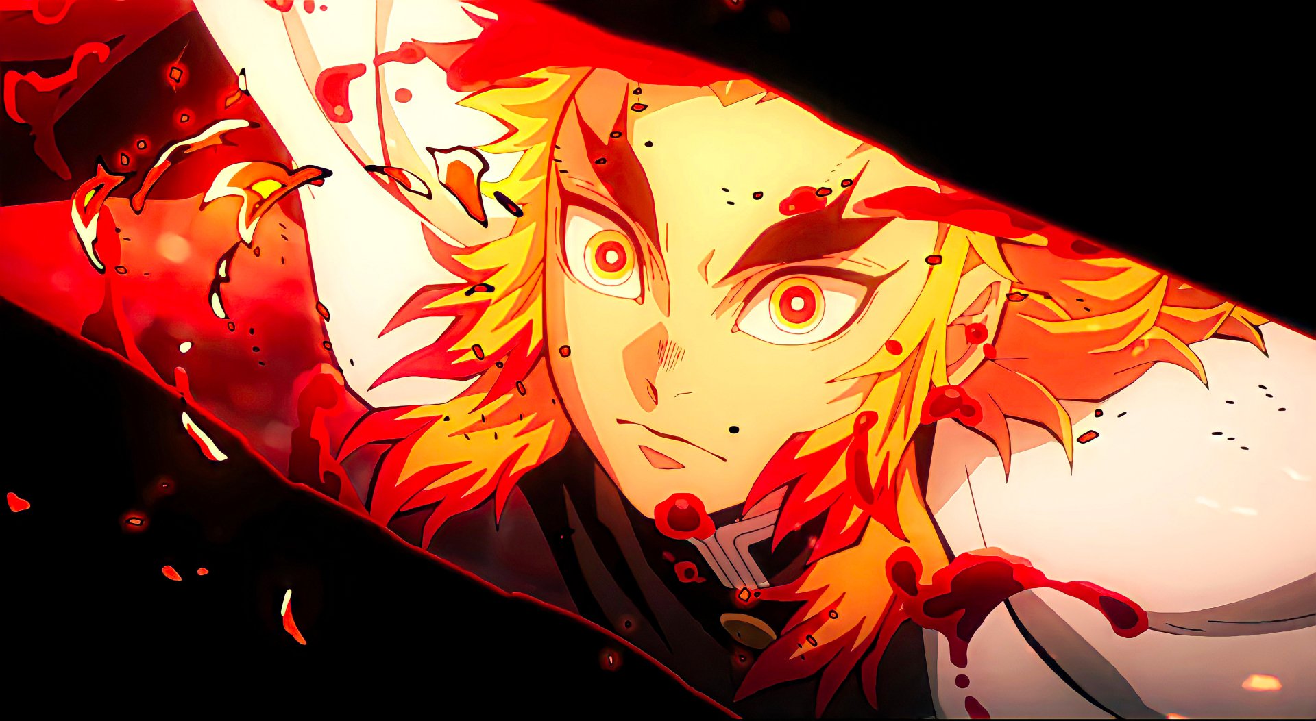 Kyojuro Rengoku from Demon Slayer anime — close-up with flaming hair, fierce wide eyes and swirling embers.
