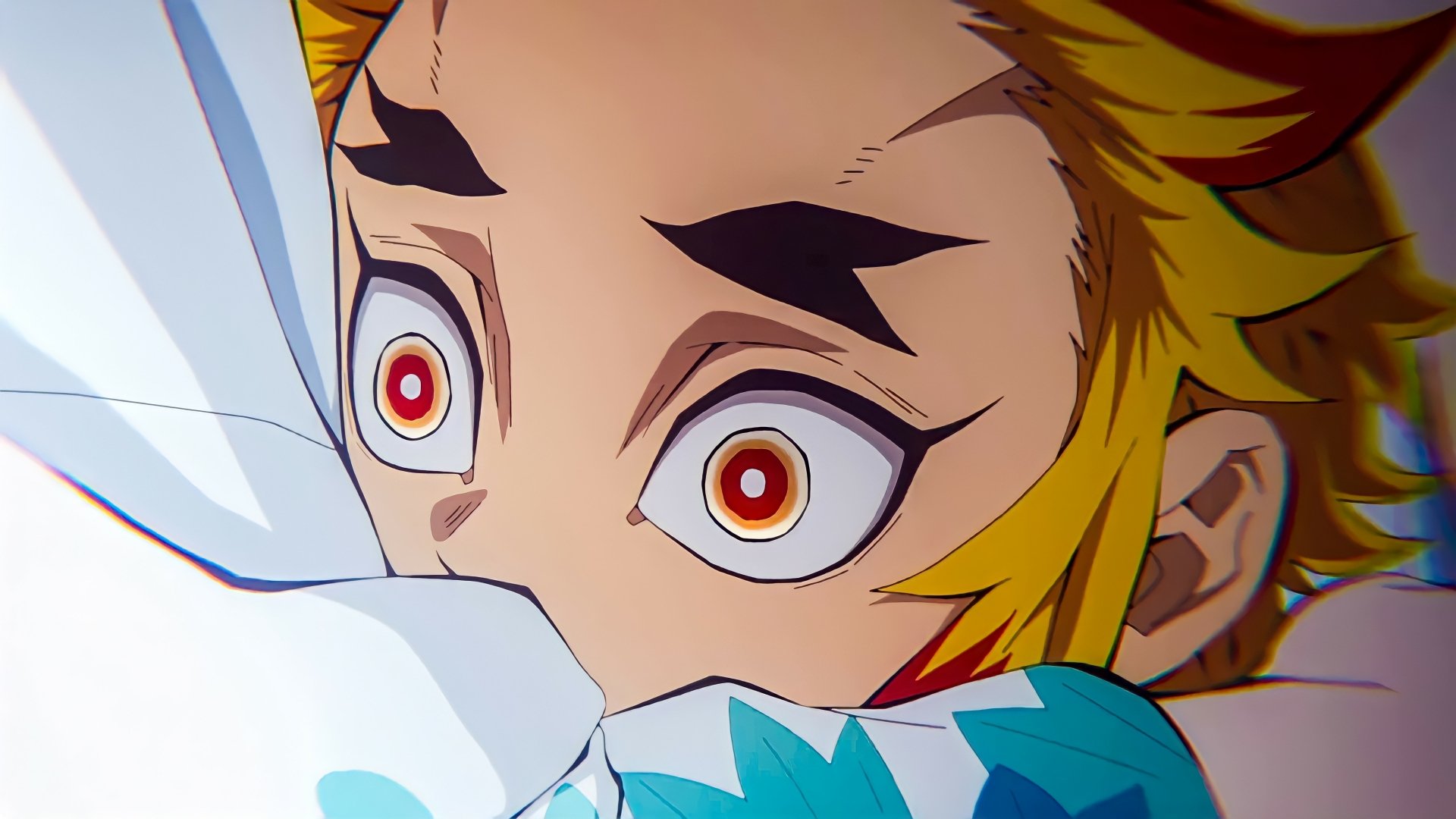 Close-up of Kyojuro Rengoku (Demon Slayer: Kimetsu no Yaiba) with wide, fiery eyes, gripping and biting a blanket in a tense, dramatic expression.