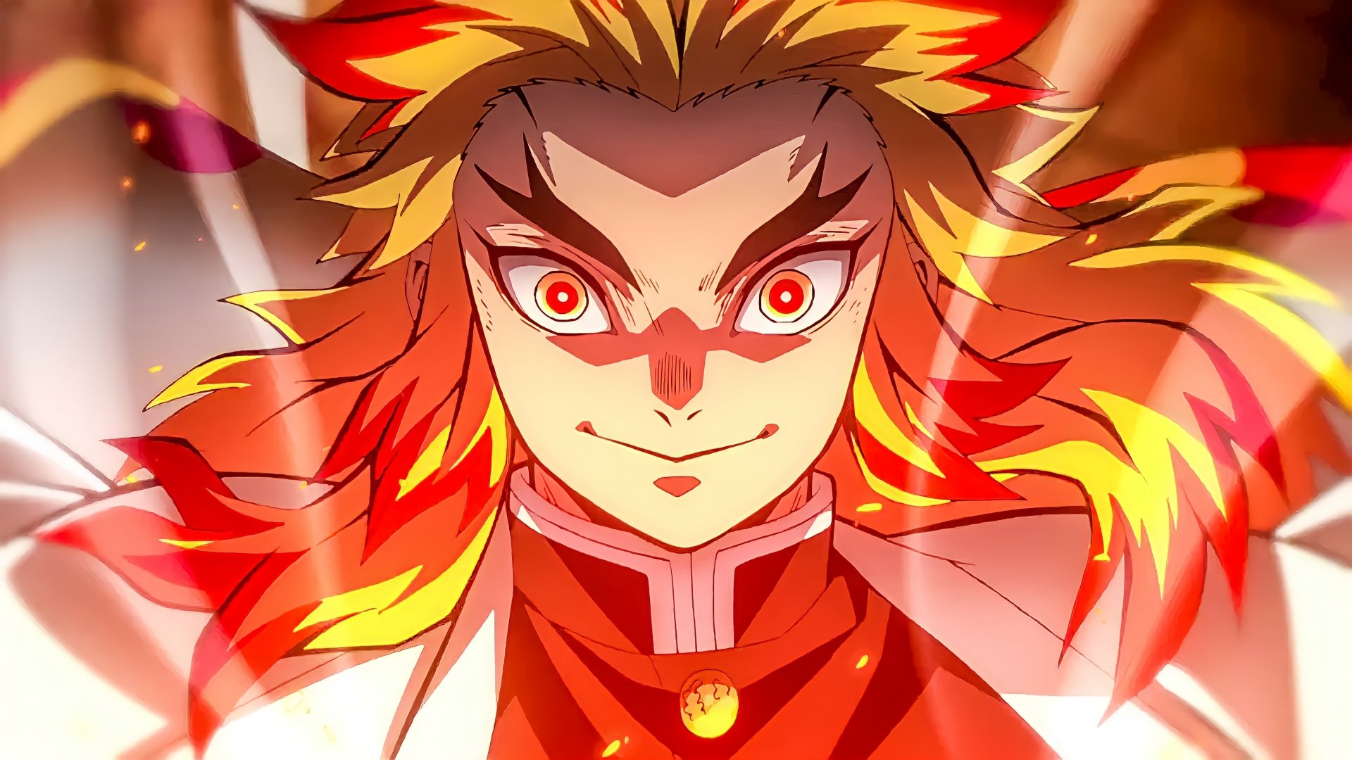 Kyojuro Rengoku (Demon Slayer) stares fiercely, fiery red-and-gold hair and burning eyes with flame motifs.