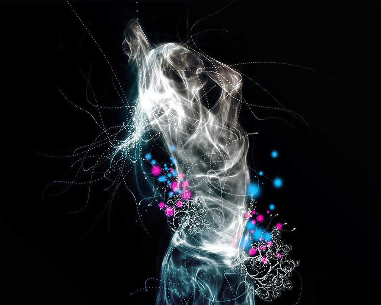 An artistic representation of a human figure, depicted with ethereal light and colorful bursts, creating a dynamic sense of movement against a dark background.
