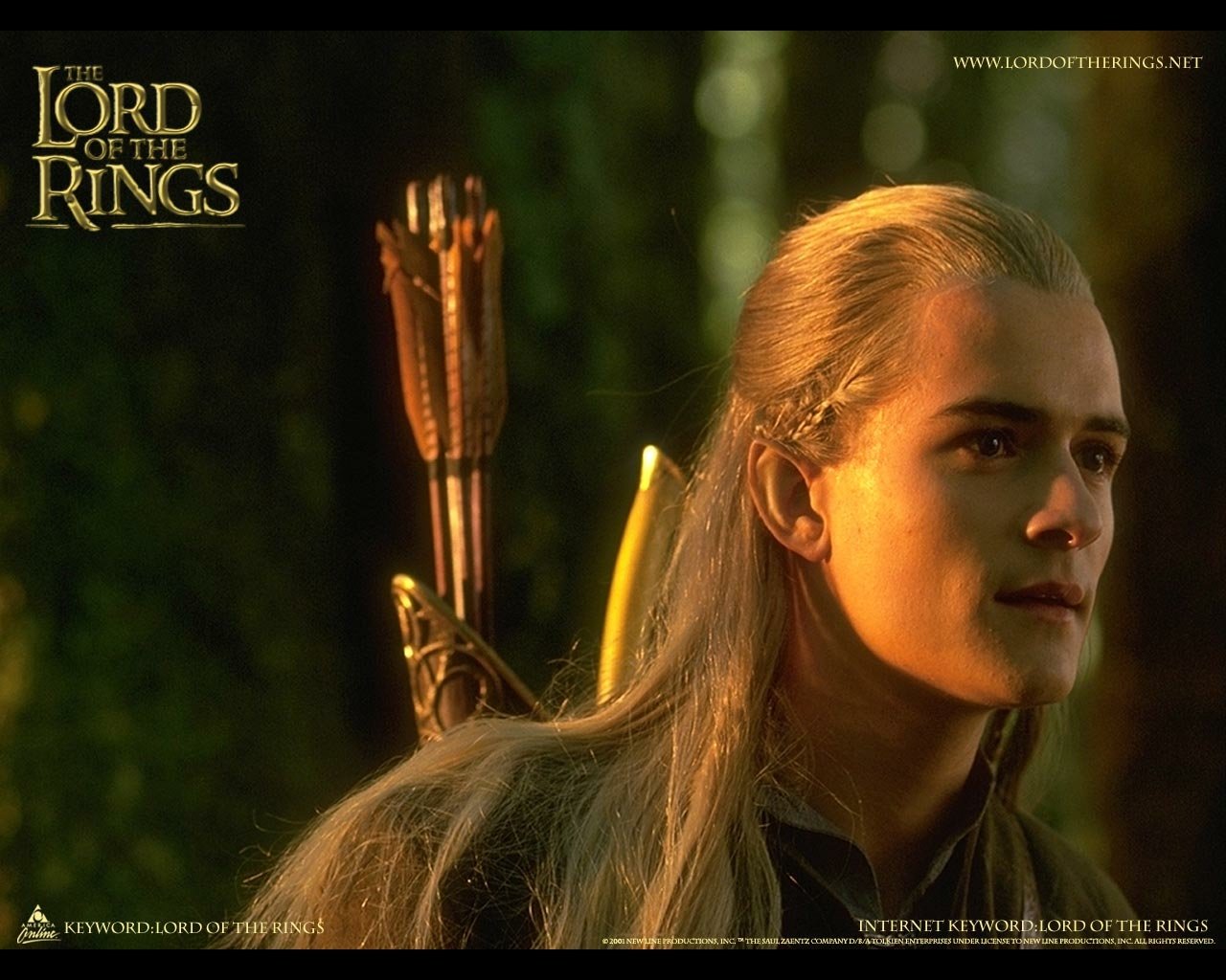 A close-up of Legolas with long blond hair and a quiver of arrows in a forest scene from the movie The Lord of the Rings: The Fellowship of the Ring.