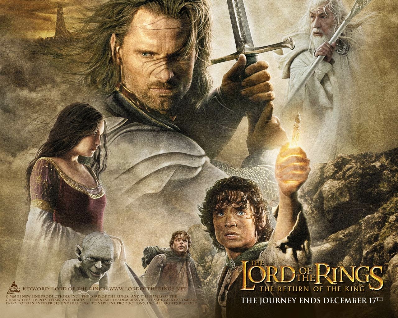 A dramatic collage featuring characters from The Lord of the Rings: The Return of the King, showcasing epic battles and pivotal moments from the film's story.