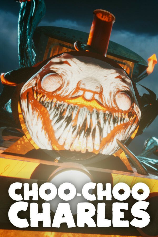Video game Choo-Choo Charles cover: a nightmarish train with a pumpkin-like face, glowing eyes and rows of jagged teeth looming toward the viewer.